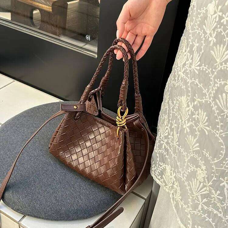 Free Shopping Women Classic Fashion Woven Emed Hobo Soft PU Leather Small Top-Handle Shoulder Bag Casual Daily Handbags