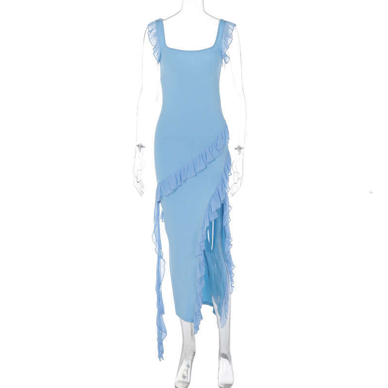 Women's 2025 Summer Autumn New Fashion Sexy Ruffle Edge Patchwork Elegant Split Dress