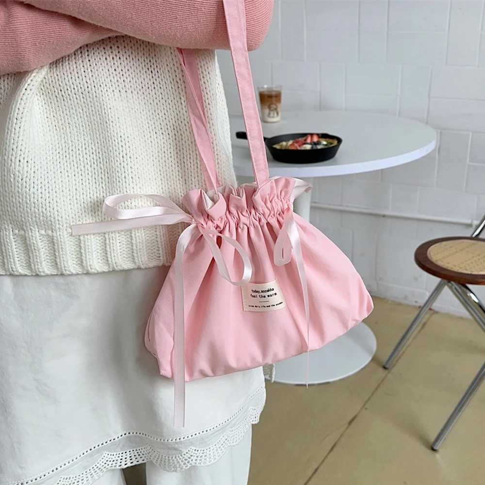 Solid Color Bow Ribbon Handbag Large Capacity Small Tote Bag Simple Shoulder Bag Handheld Bag Lightweight Drawstring Bag Casual W250527