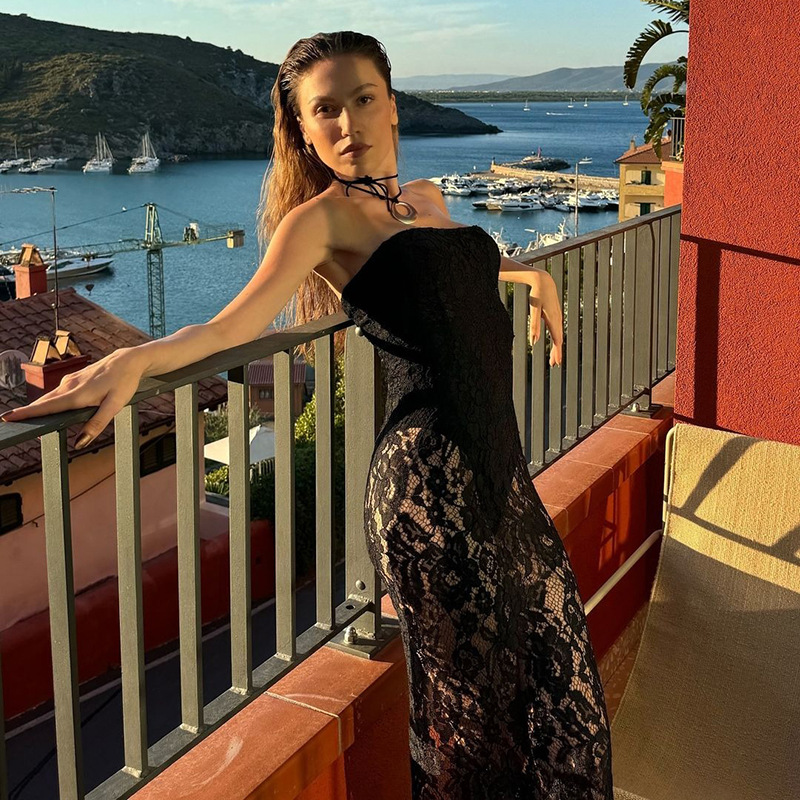 Women Bodysuits Lining Lace Long Dress 2025 New Sexy Strapless Backless Bodycon Party Clubwear Robe Summer Vacation Outfits