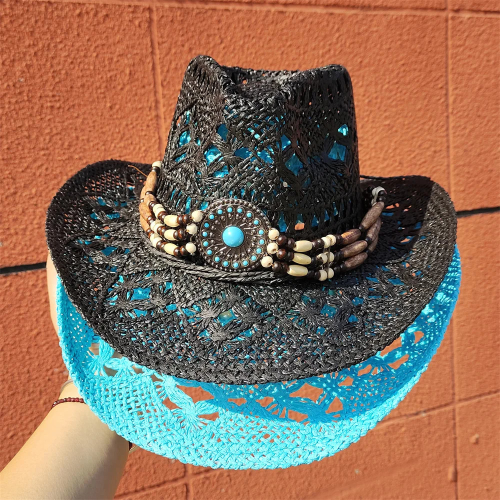 Western Cowboy Straw Hat for Men and Women Hollowing Out Summer Sun Beach Hat Protection Outdoor Fishing Climbing Retro Cap 250526