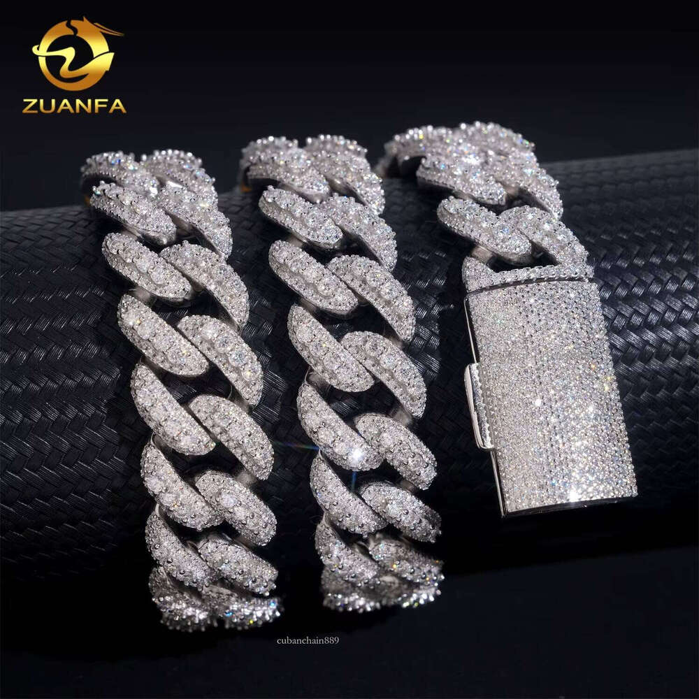 Iced Out Jewelry Hip Hop 3 Rows 18mm Width Sterling Sier VVS Moissanite Dia Miami Cuban Link Chain