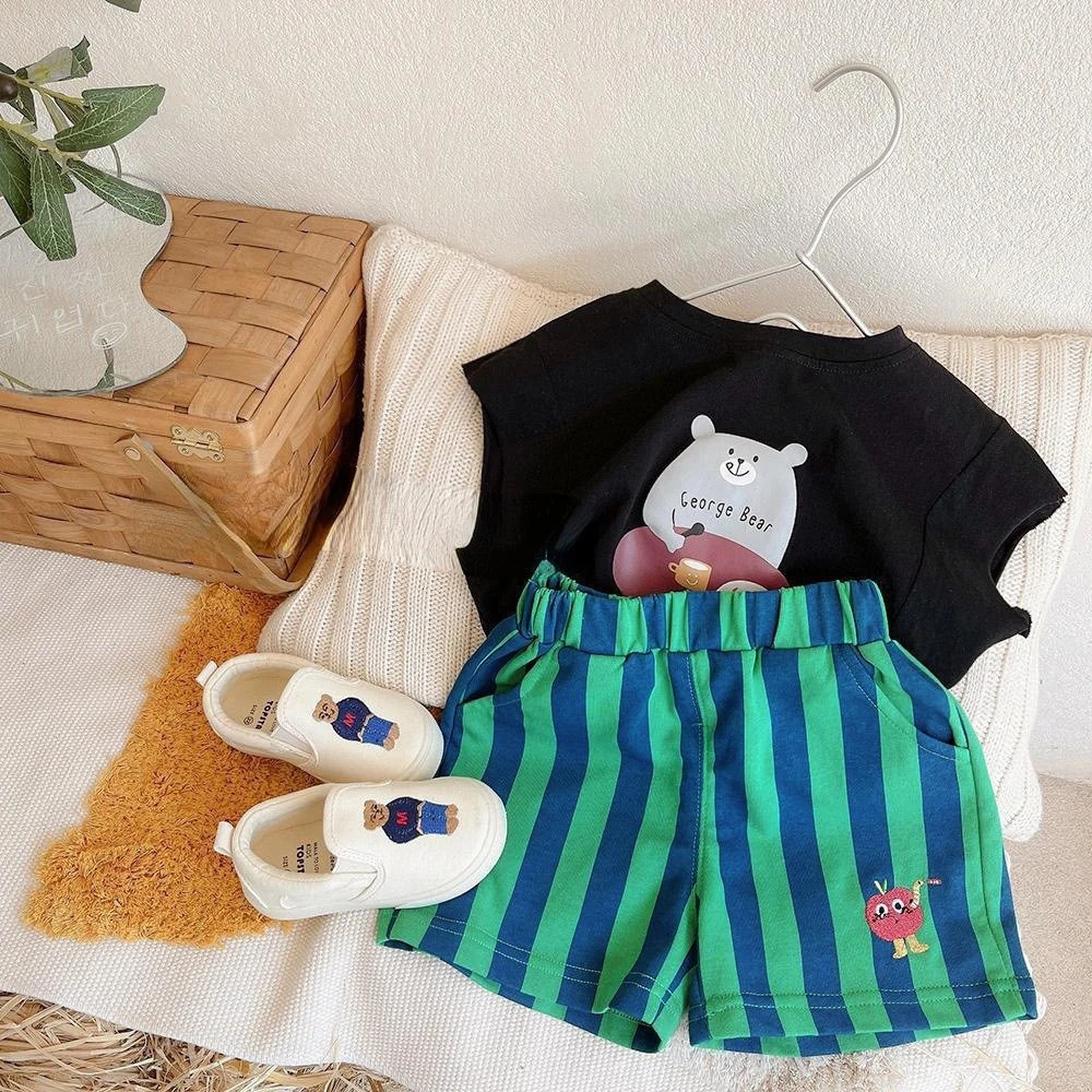 2pcs est Summer Trend Korean Style Toddler Boys Girls Shorts Elastic Band Short Pants Bottoms Stripes Kids Casual 250527
