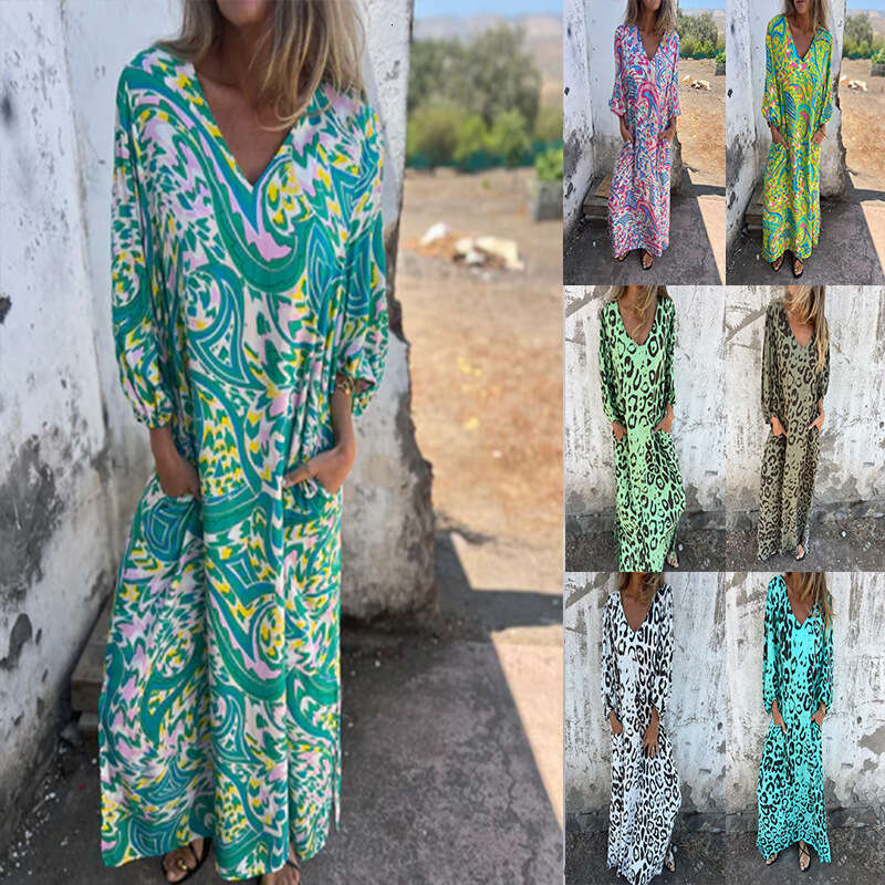 2025 Spring Summer Women Elegant V Neck loose Graffiti Casual Holiday Style Midi Dress