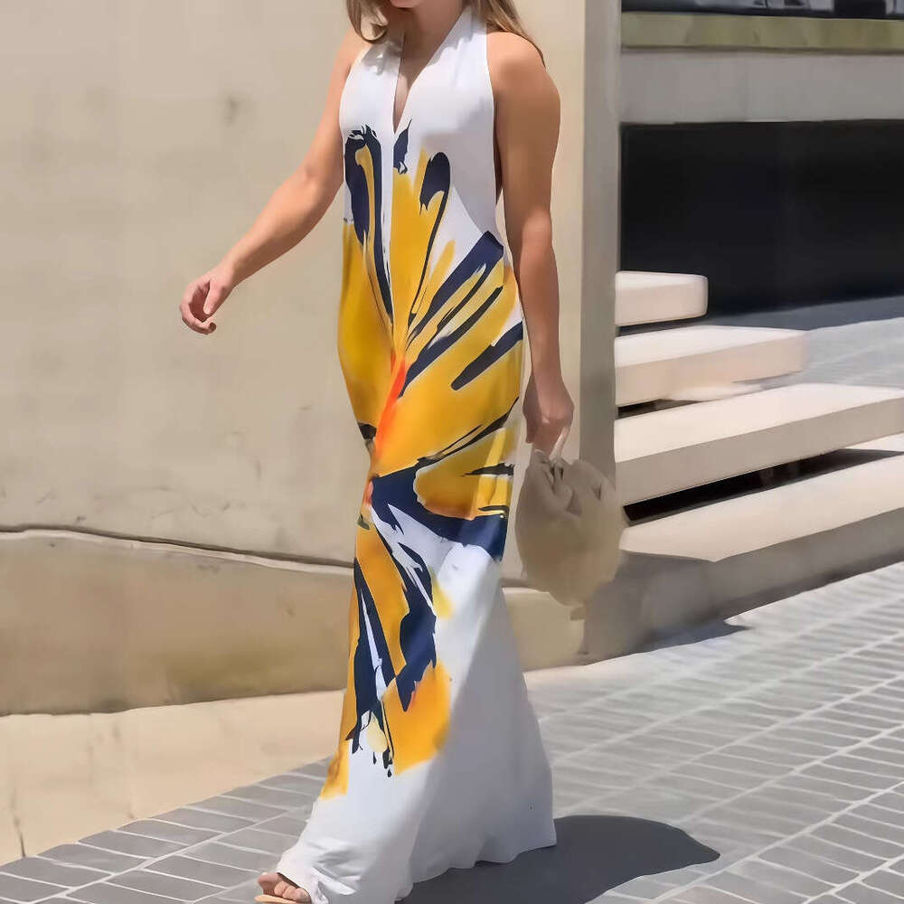 2025 Halter Neck Tie Sunflower Print Maxi Dress