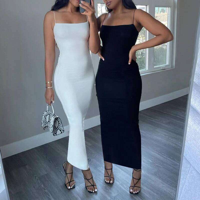 Hot Tight Dresses Summer Sexy Dress Women Streetwear Sleeveless Solid Spaghetti Strap Bodycon Casual Clubwear Elegant Party Dresses Casual Knee Length