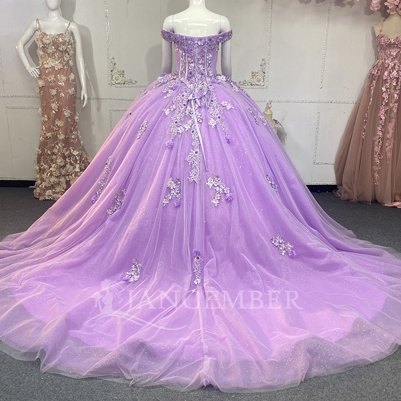 Light Lilac Quinceanera Dresses Ball Gown Off The Shoulder Applique Flowe Beading Tull Party Birthday Sweet 16 Dress Vestidos 15 Anos