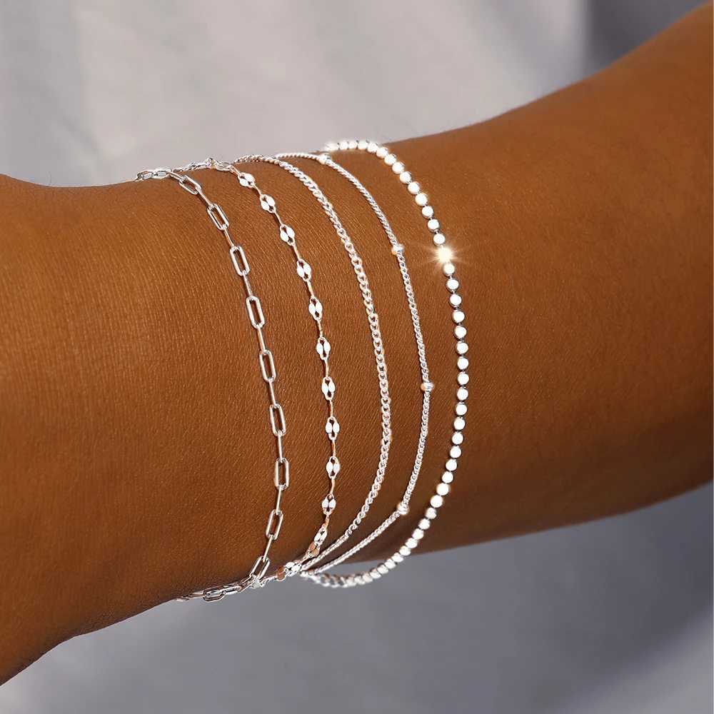 BOAKO 925 Sterling Silver Simple Bracelets For Women Girl Multi Type Heart-shaped Chain Twine Chain Water Wave Chain Fine Bangle W250526