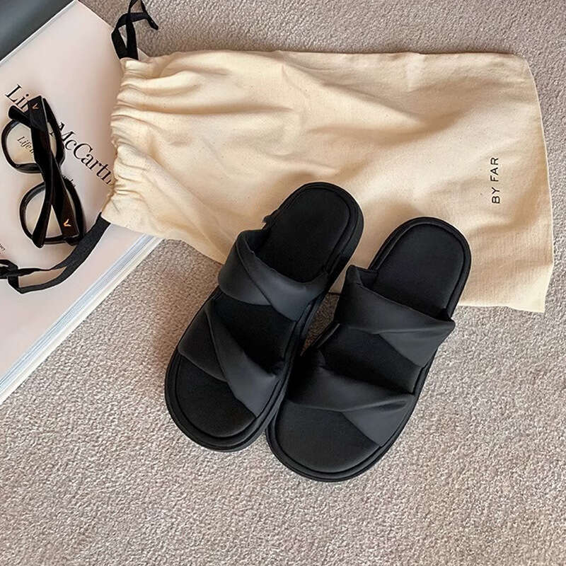 Su Yinyin Same Style Soft Bubble ~ Stepping on Feces Feeling Twist Knot One-Word Casual Thick-Soled Slippers for Women Summer Outdoor Wear