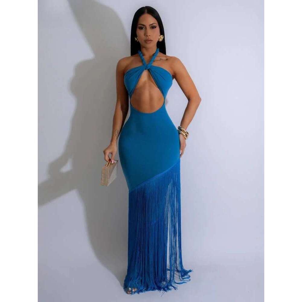 Women Halter Off Shoulder Tassel Sleeveless Long Dress Summer Street Beach Evening Sexy Night Party Dresses Vestidos