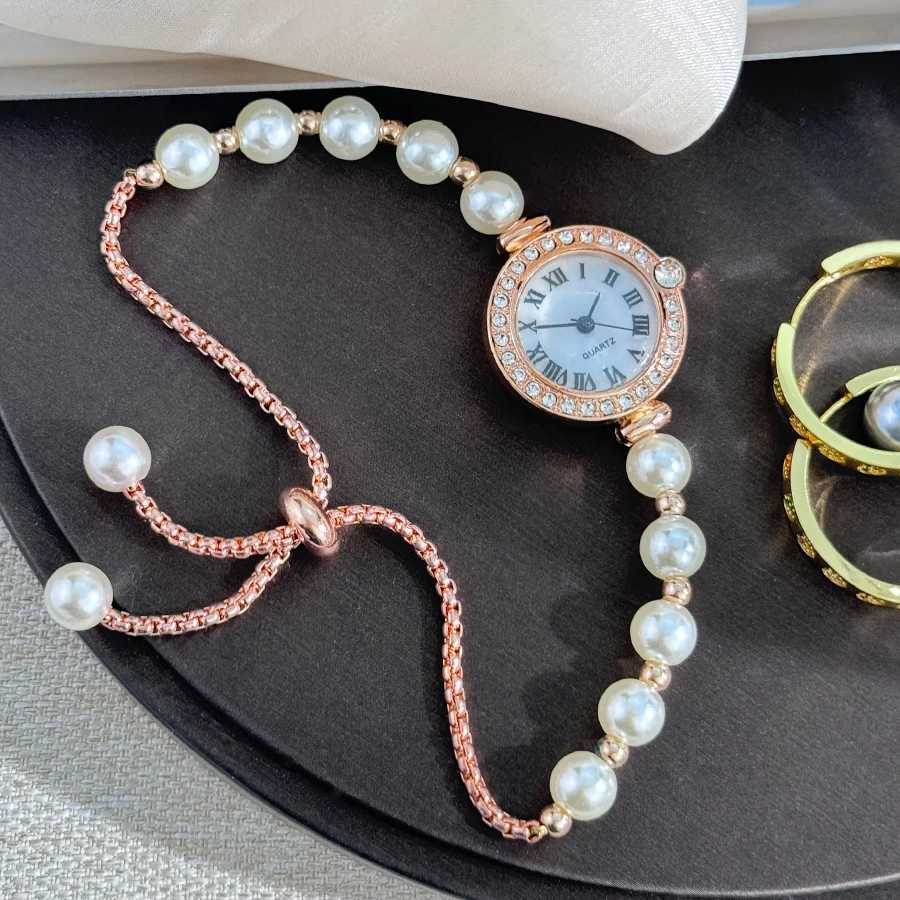 Ladies diamond-encrusted Roman numeral dial white bead bracelet fashionable versatile small exquisite quartz watch for women XJ250527