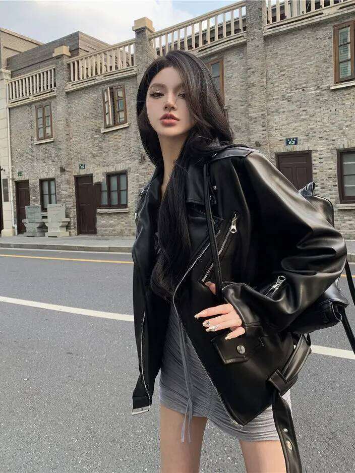 Y2k Fashion Americantrend PU And Coat Women Street Hip Hop Loose Zipper Unisex Motorcycle Leather Jacket