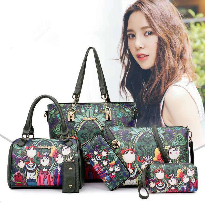 Handbags New 6 PCS Set Women Graffiti Print Colors Handbag Female Shoulder Bag Travel Shopping Ladies Crossbody Bags