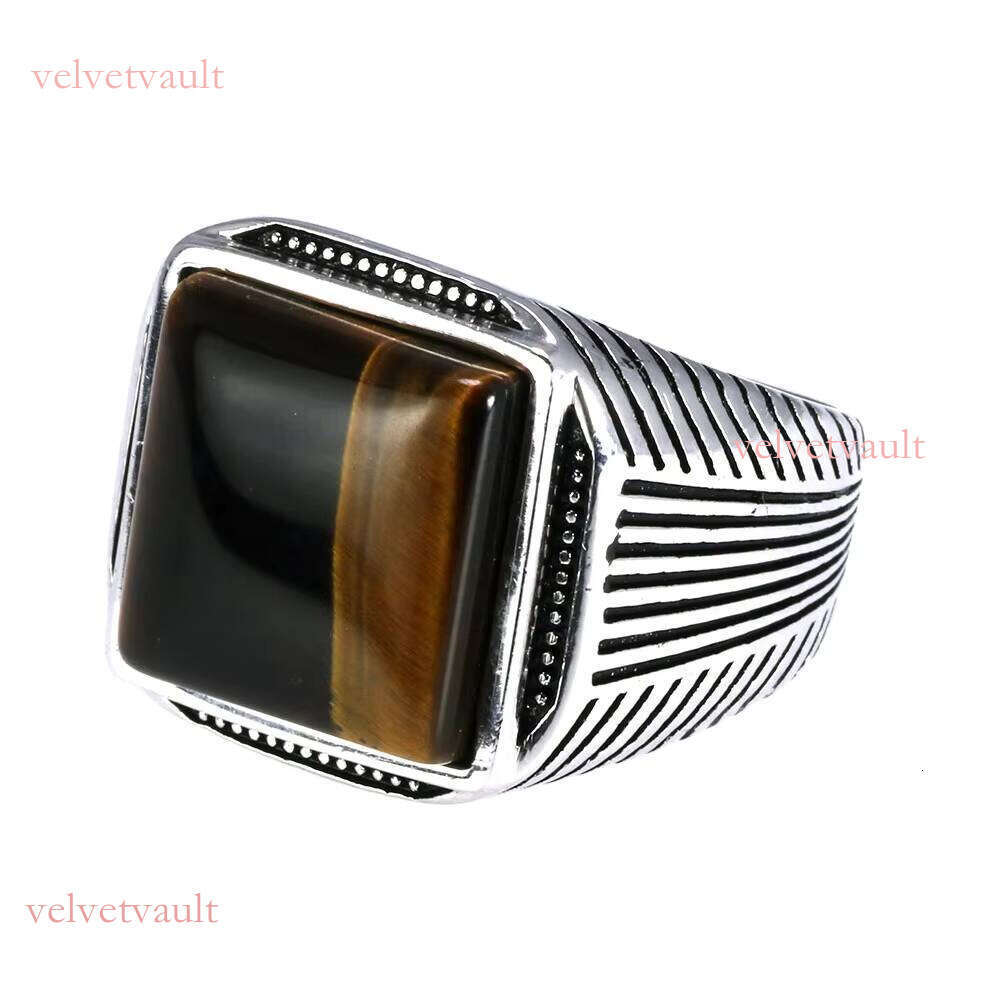 New Arrival Sterling Sier Man Ring Tiger Eyes Fine Stripe Pattern Natural Stone Cool Retro Punk Custom Jewelry