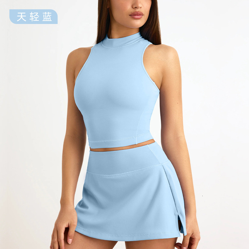 Seam Wear Summer Sports Fitness Quick-Dry Sleeveless Tank Top A-Line Skirt Yoga Set
