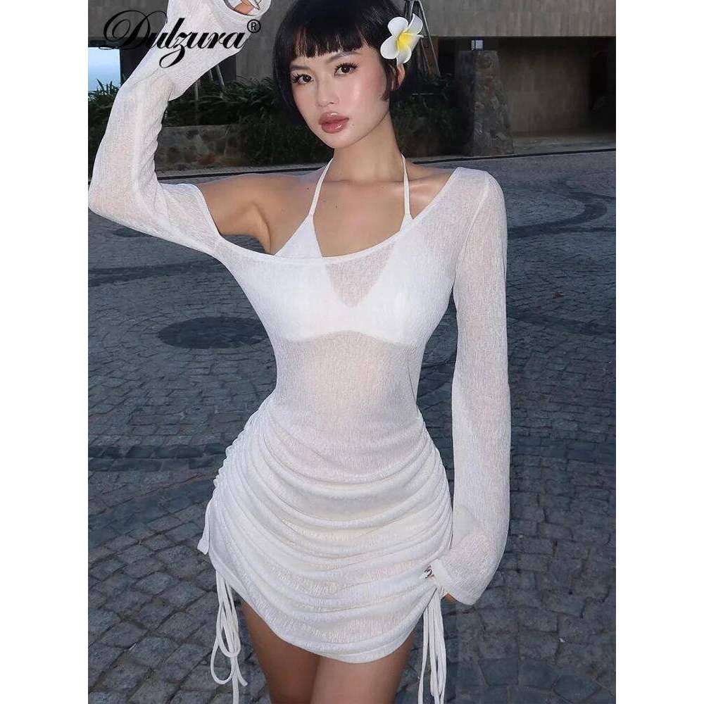 Hot Tight Dresses Dulzura Solid Skew Collar Ruched Straps Lace Up See Through Draw String Mini Dress Summer Women Party Clubwear Wholesale Casual Knee