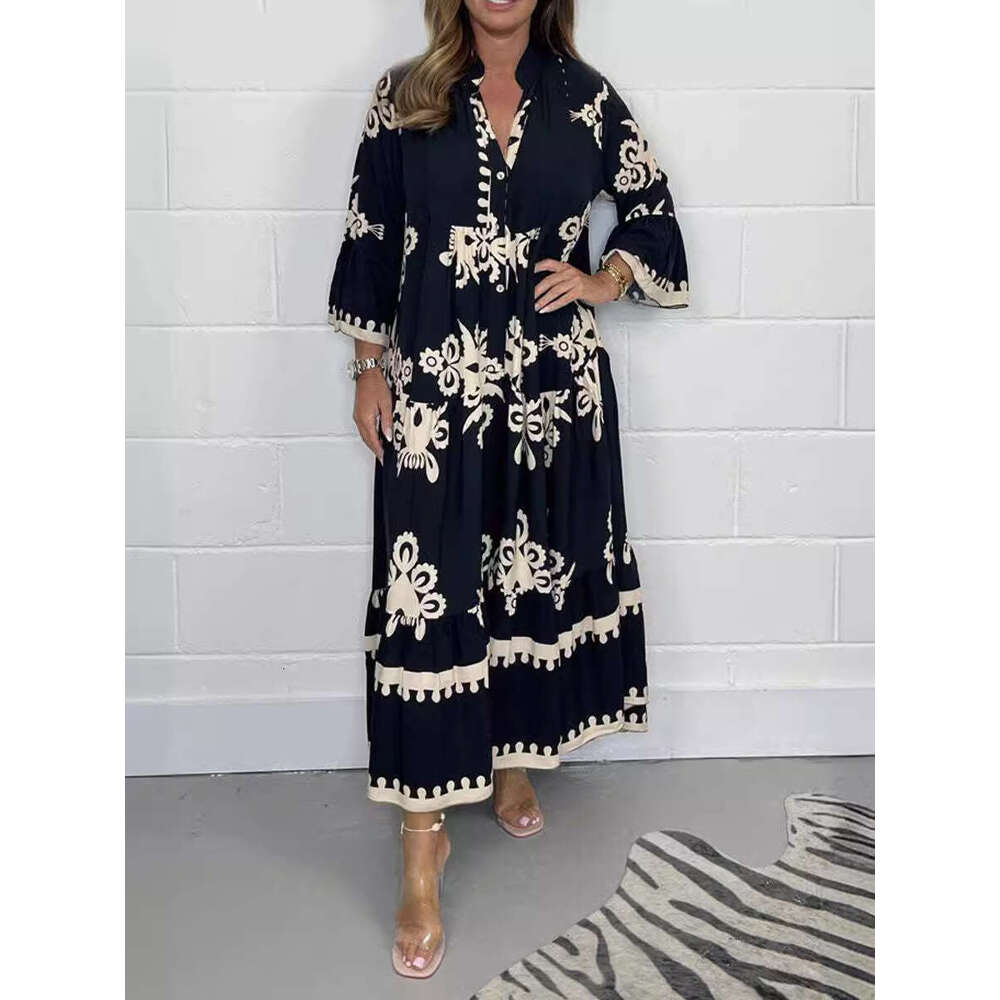 2025 Women's New Elegant Printed Stand Collar Waist-Cinching Dress