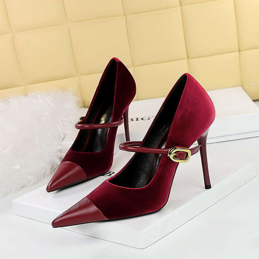Banquet high-heeled suede pointed metal buckle single strap single shoe fashionable high-end women's high-heeled sandals