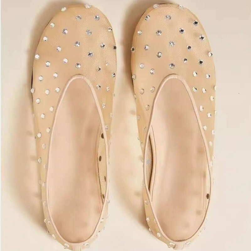 2025 Summer New Mesh Embroidered Round Toe Shallow Mouth Flat Women Ballet Rhinestone Single Shoes