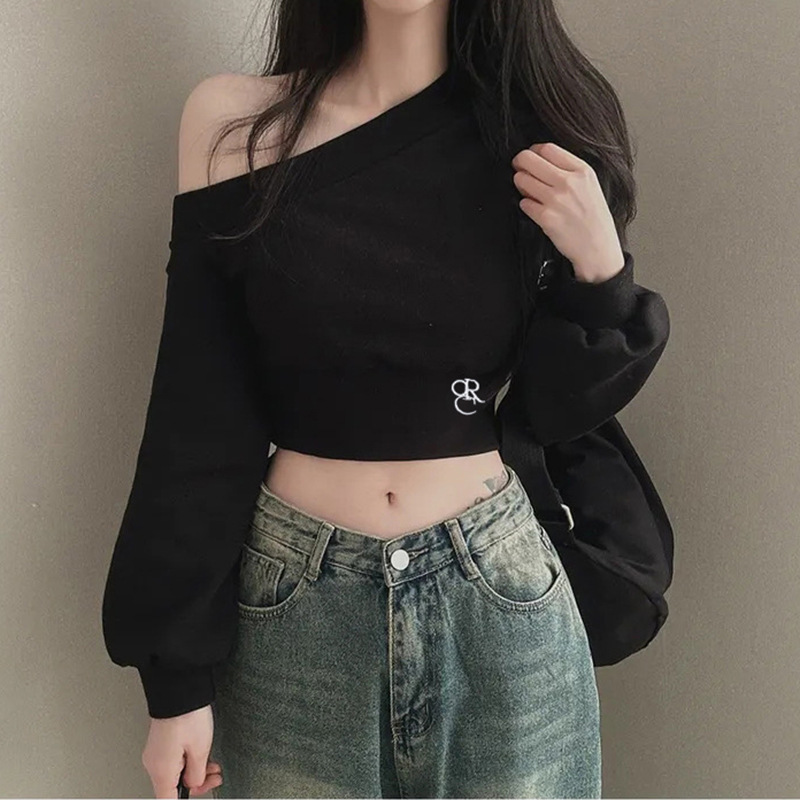 SLL165 oblique shoulder short sweater female niche ins trend street all-match slim long sleeve belly-baring top