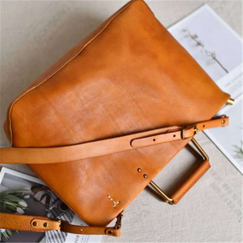 Retro Handmade Natural Genuine Leather With Metal Handles Simple Personality Handbags Cowhide Shoulder Messenger Bag