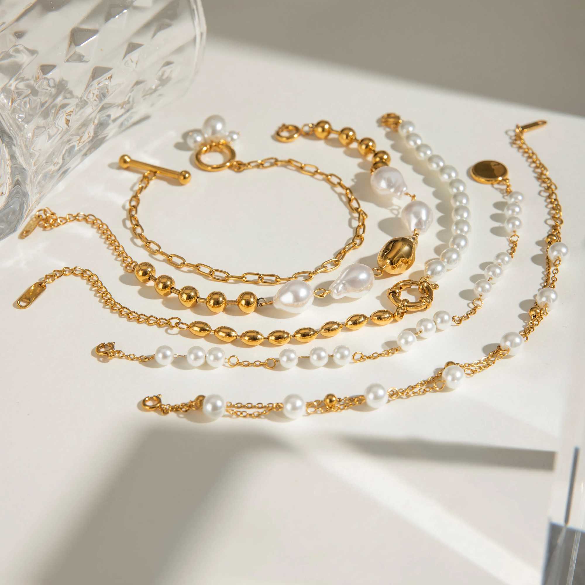18K Gold Plated Bead Chain Irregular Shaped Glass Pearl Bracelet Chain Women Stainless Steel Rust Proof Anti Allergic Jewelry W250526