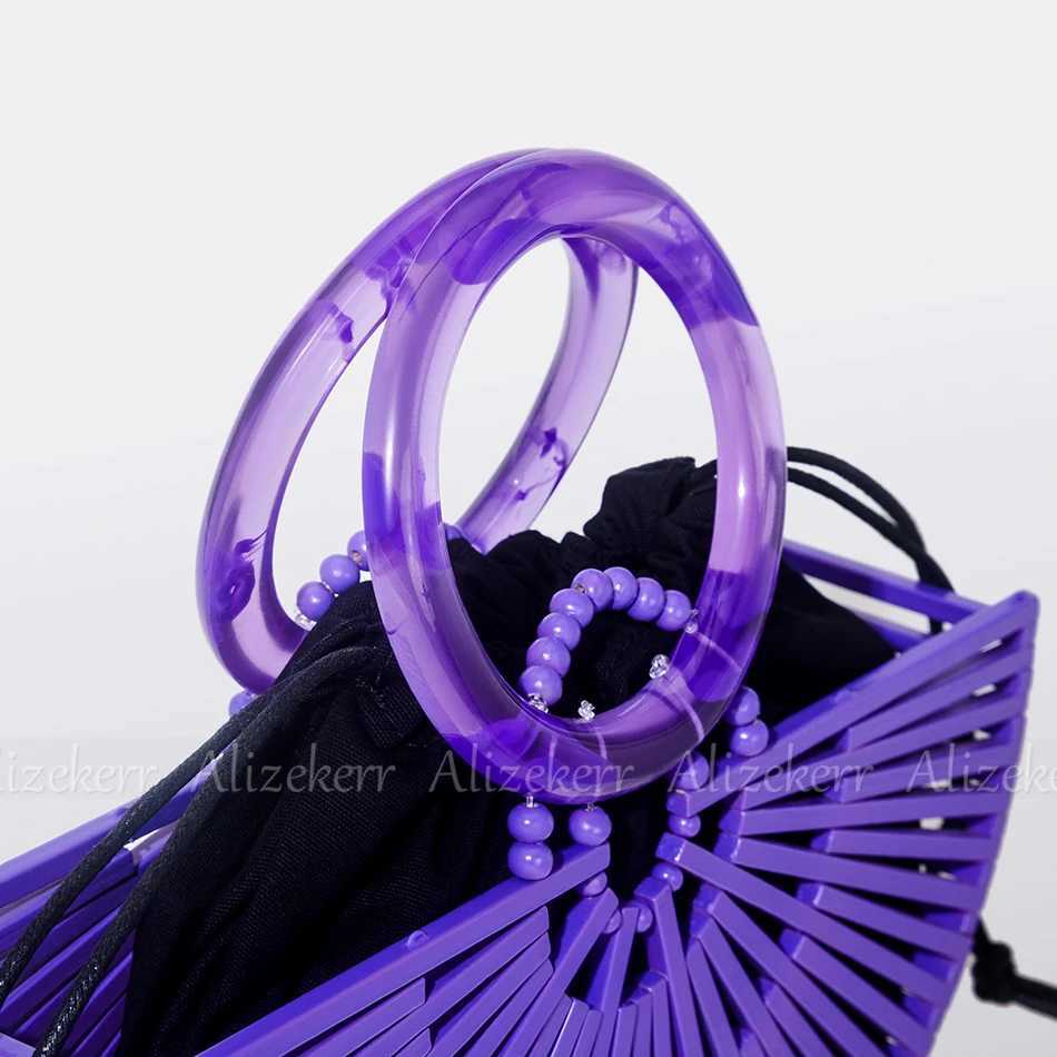 Vintage Half Round Bamboo Beach Handbags Women 2023 Summer Hollow Out Round Acrylic Handle Woven Straw Bags High Quality Holiday W250527