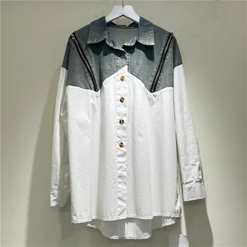 WTHT Womens Patchwork Denim Striped Shirt Winter Trendy Double Zipper n Long Sleeves Blouse Female 1LS638 250523