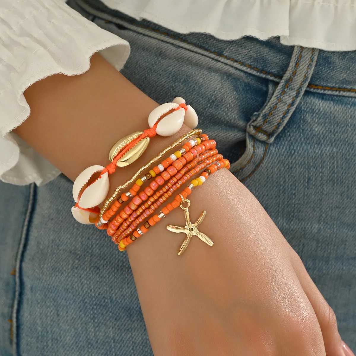 Summer Womens Bohemian Seven-Piece Set Bracelets - Shell Beaded Weaving Design with Starfish Pendant Fashionable Beach Jewelry W250526