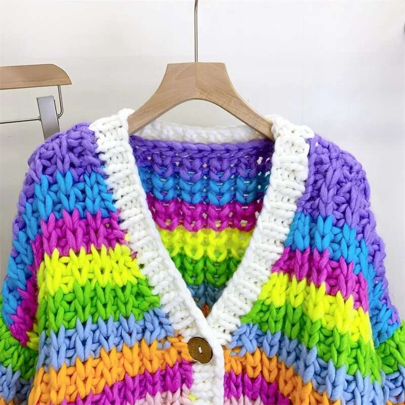Vintage Women Knit Ribbed Long Sleeve Single Breasted Oversized Cardigan Sweaters Rainbow Tops 2024 Ins Street Outwear