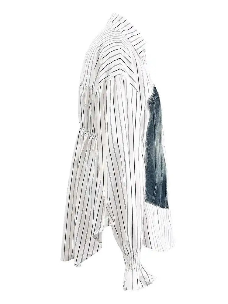 DEAT 2025 Spring Fashion Womens Stripe Shirt Denim Spliced Single Breasted Waist Retraction Patchwork Slim Blouse CPG1315 250523