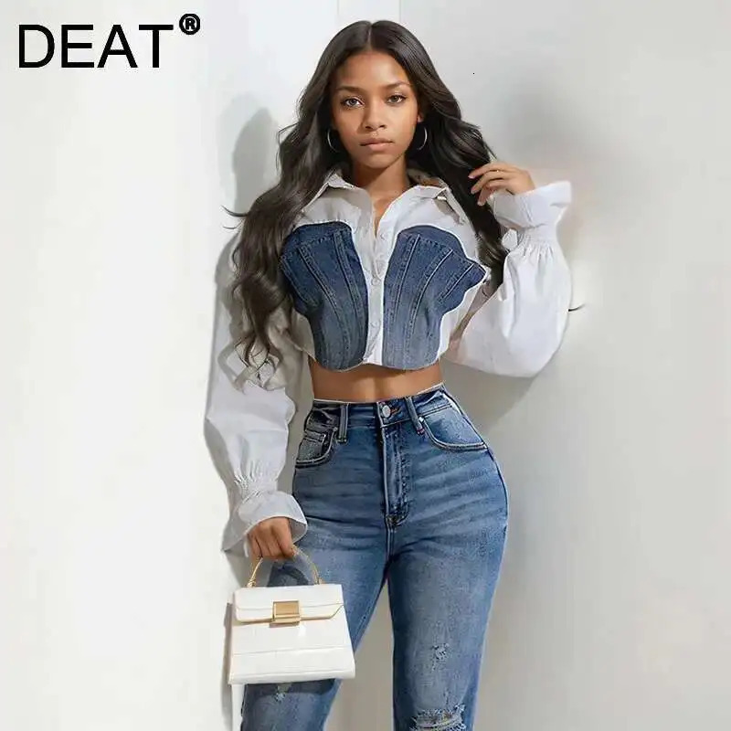 DEAT Trendy Womens Denim Patchwork Flare Sleeve Shirts Contrast Color Short Blouse Female Trend 2025 Spring Items 33A2187 250523
