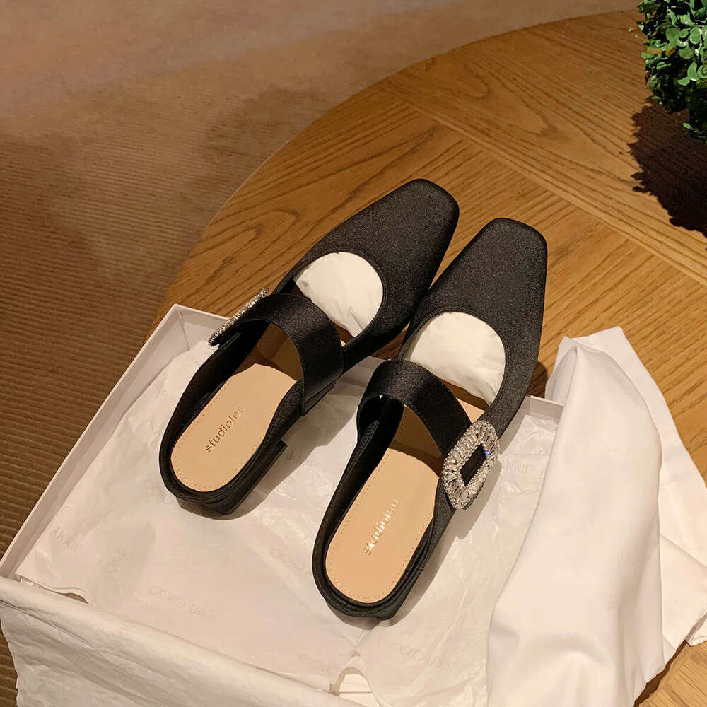 Grape Mom Summer New Style Sparkling Rhinestone Buckle Small Square Toe Wide Strap Commuter Versatile Low Heel Elegant Half Mules for Women