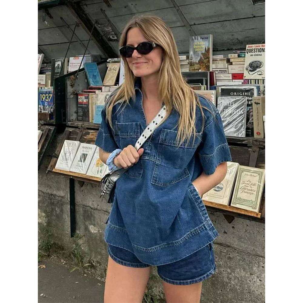 Casual Women Denim Tops Skirt Sets Fashion V-neck Patchwork Half Sleeve Split Shirt Mini Jean Short 2025 Summer Vintage Outfits