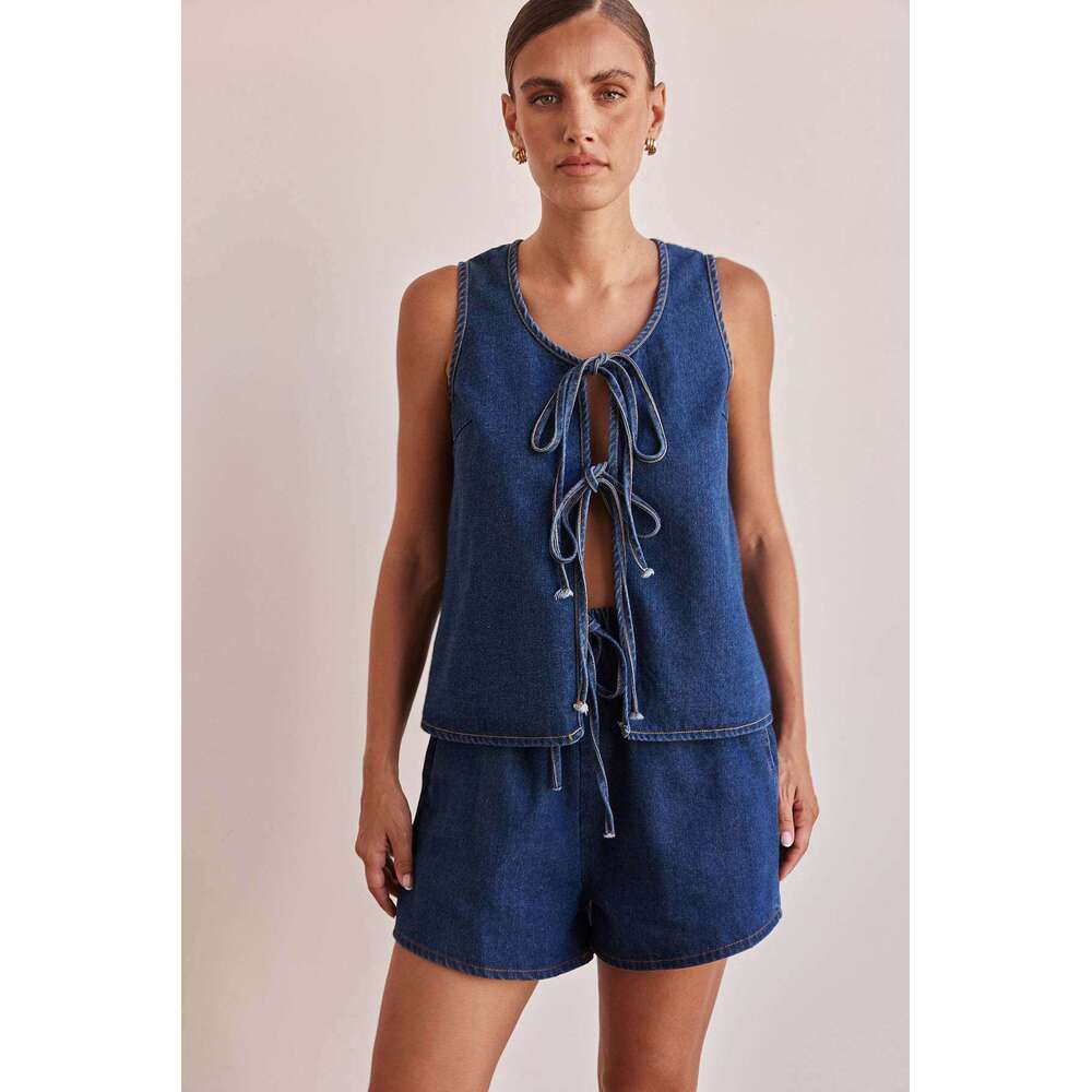 Summer Fashion Casual Sleeveless Tie Waist Women's Vest Denim Shorts Set