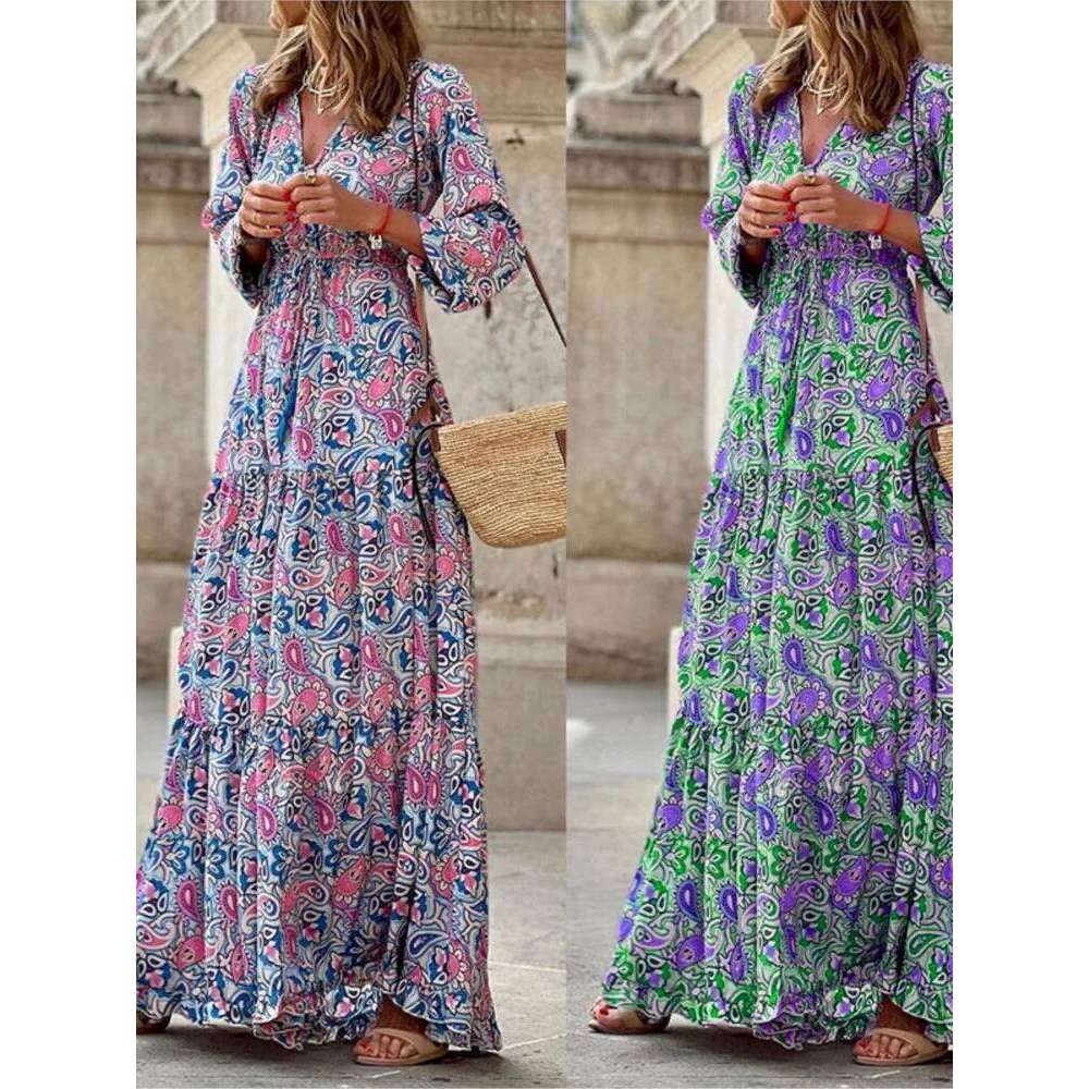 Hot Tight Dresses Women S Autumn New Fashionable Printed Sexy V Neck Long Sleeve High Elastic Waist Medium Length Bohemian Dress Casual Knee Length Dr