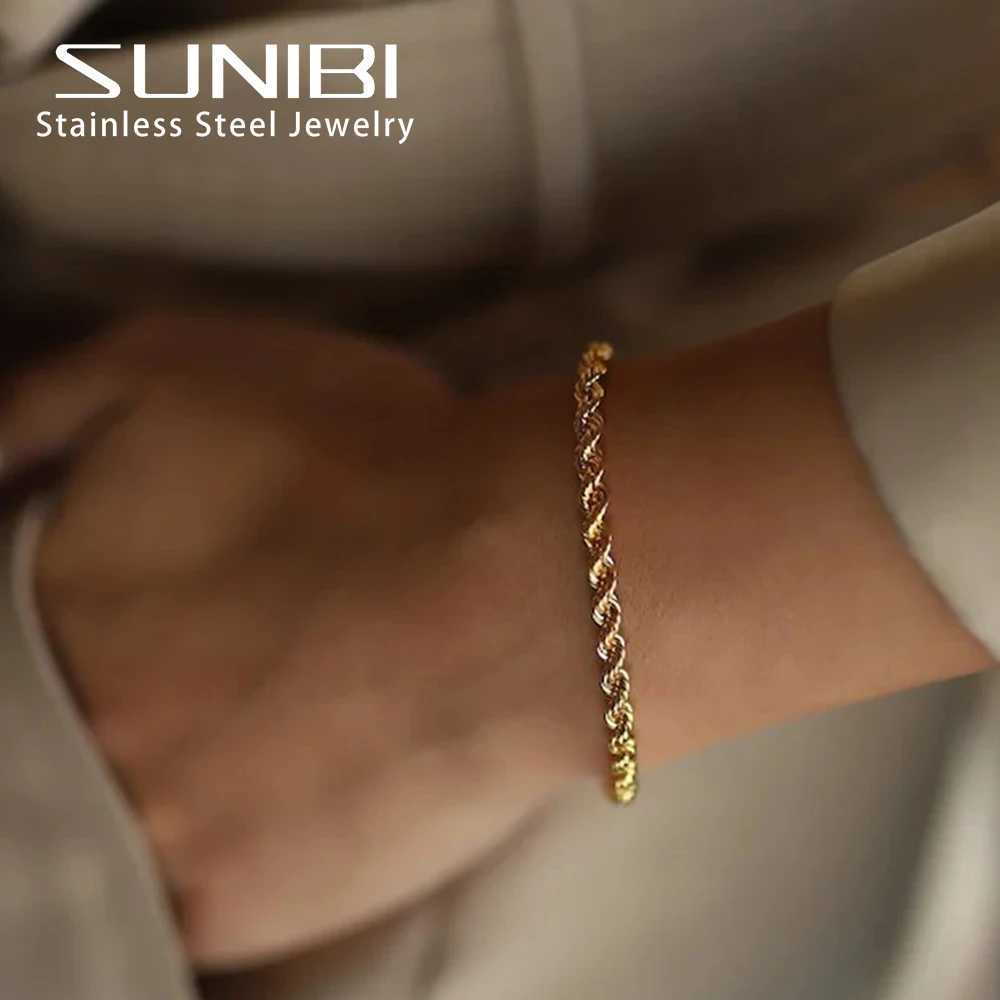 SUNIBI Twisted Rope Chain Bracelets for Women Lady Stainless Steel Gold Color Bracelet Wrist Jewelry Wholesale Dropshipping W250526