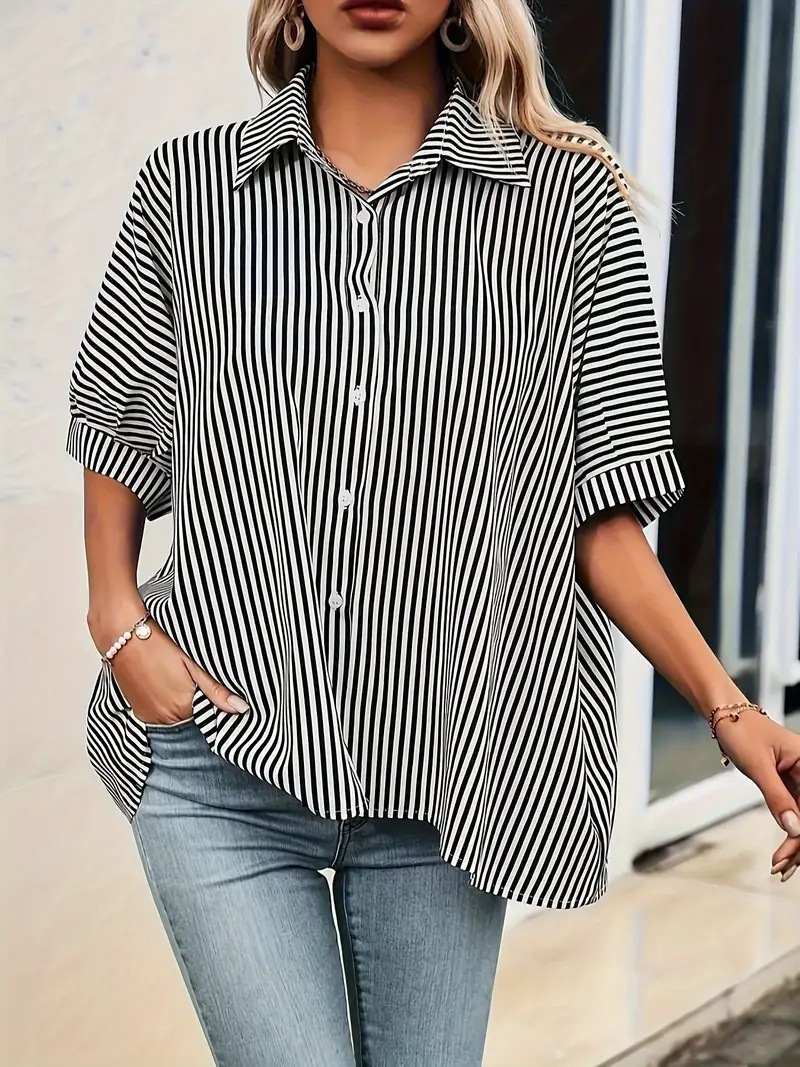 Women's striped shirt, summer fashion, loose five quarter sleeves