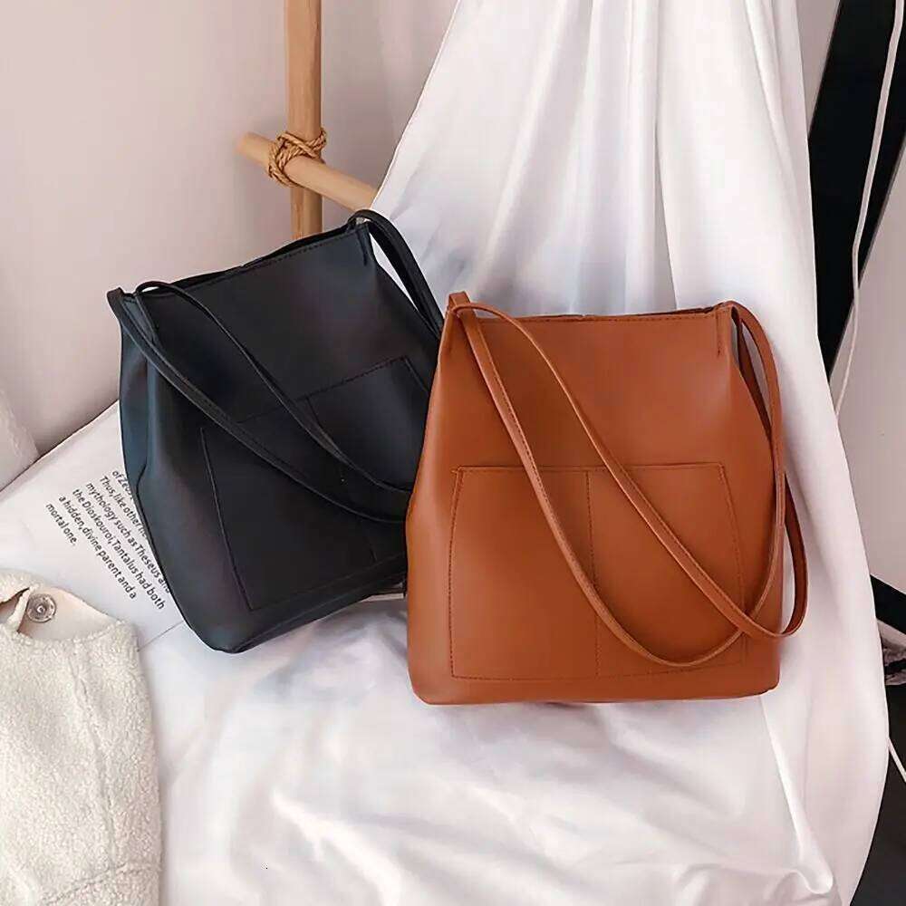 All-Match Shoulder Bucket Bags Winter Autumn Large Capacity Vintage With Pouch PU Leather Korean Style Tote Bag
