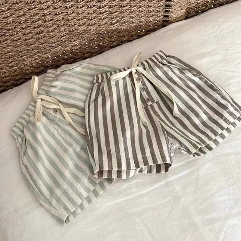 Ircomll Summer Childrens Clothing Short Vintage Linen Cotton Stripe Pants Boy Girl Casual Shorts Kids Wear 9M6Y 250527