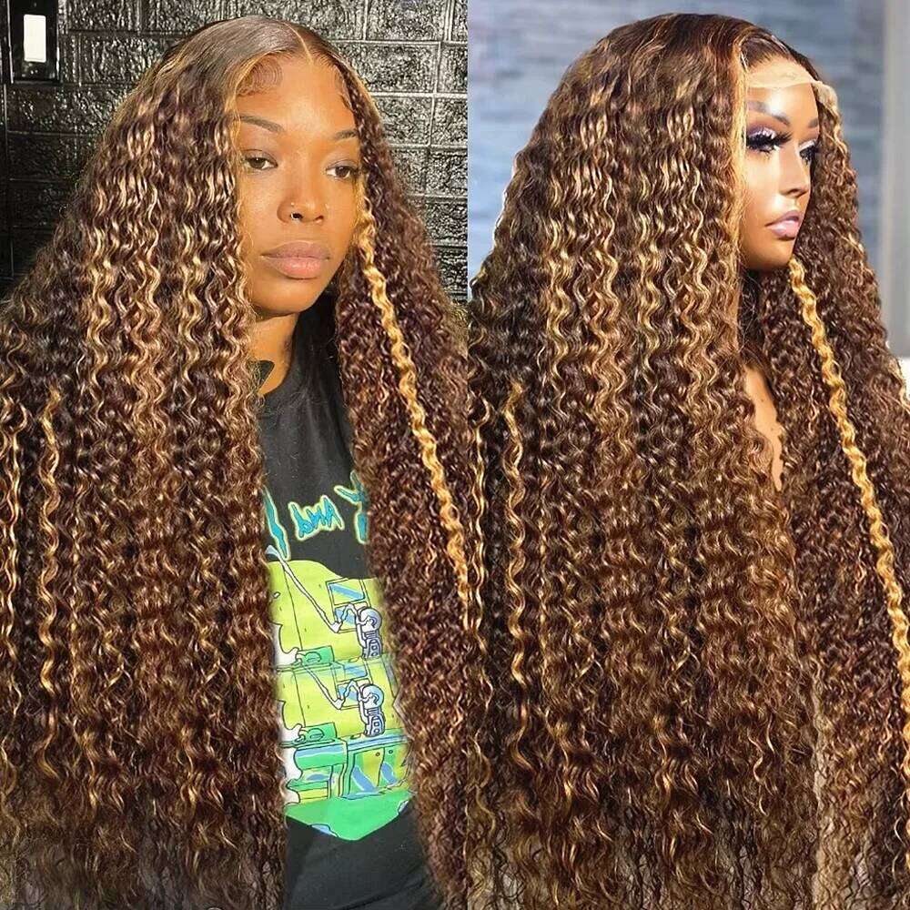 Hd Transparent Curly Highlight 13x6 Frontal Wig Human Hair Deep Blonde Ombre Color Water Wave Lace Font Wigs For Women