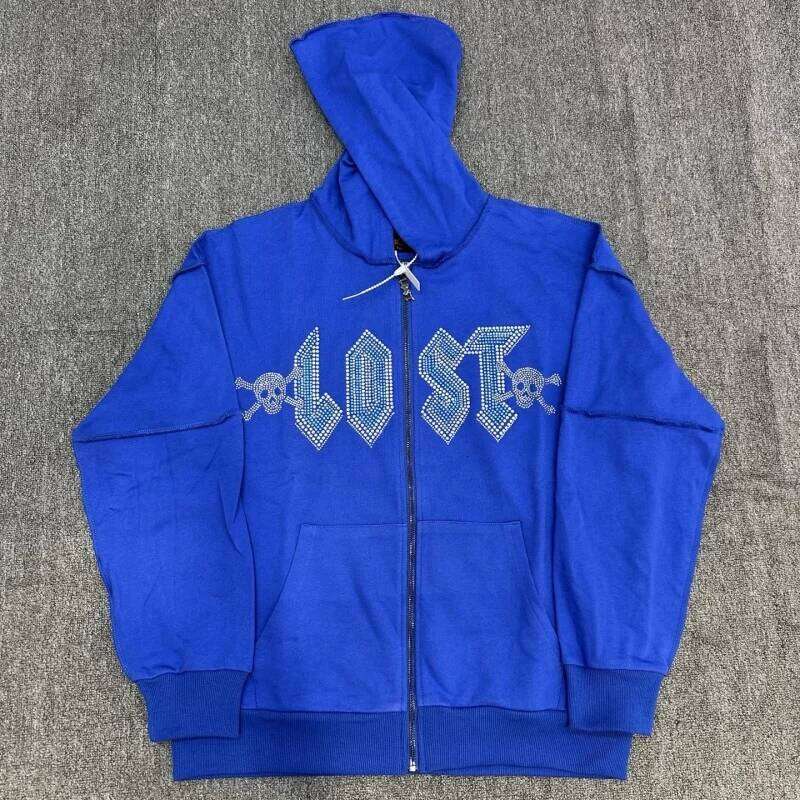 Lost Intricacy Zip Up Hoodie Blue Pure Cotton Unisex Casual Sweatshirt With Hood