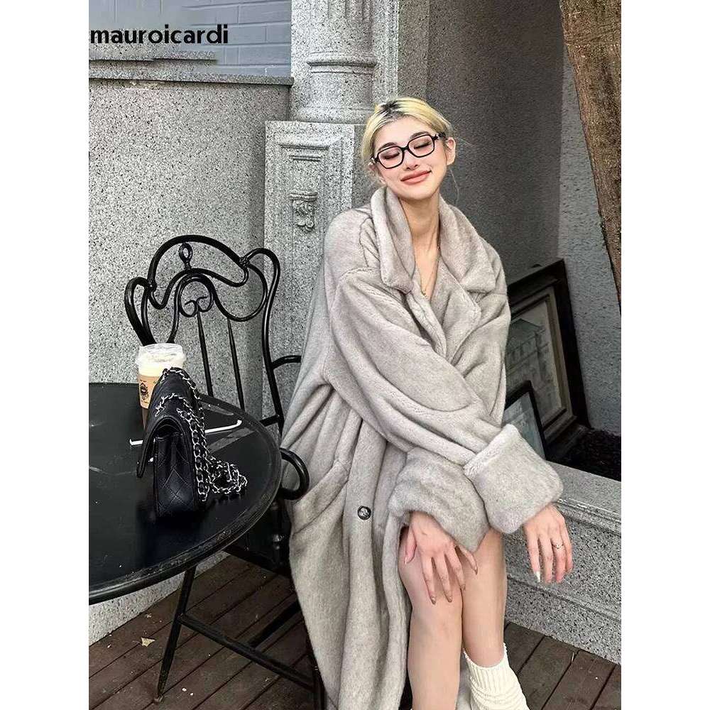 Mauroicardi Winter Long Oversized Fluffy Thick Warm Soft Faux Mink Fur Coat Women Double Breasted Elegant Furry Overcoat