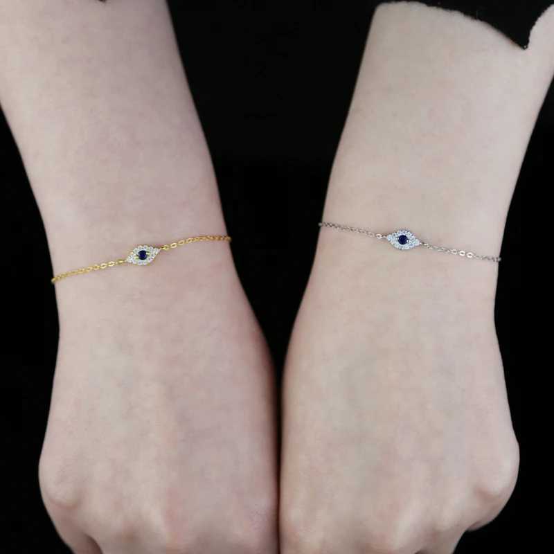 100% 925 Sterling Silver Micro Pave Cubic Zirconia Sparking Blue White CZ Evil Eye Charm Chain Bracelet Lucky Turkish Jewelry W250526