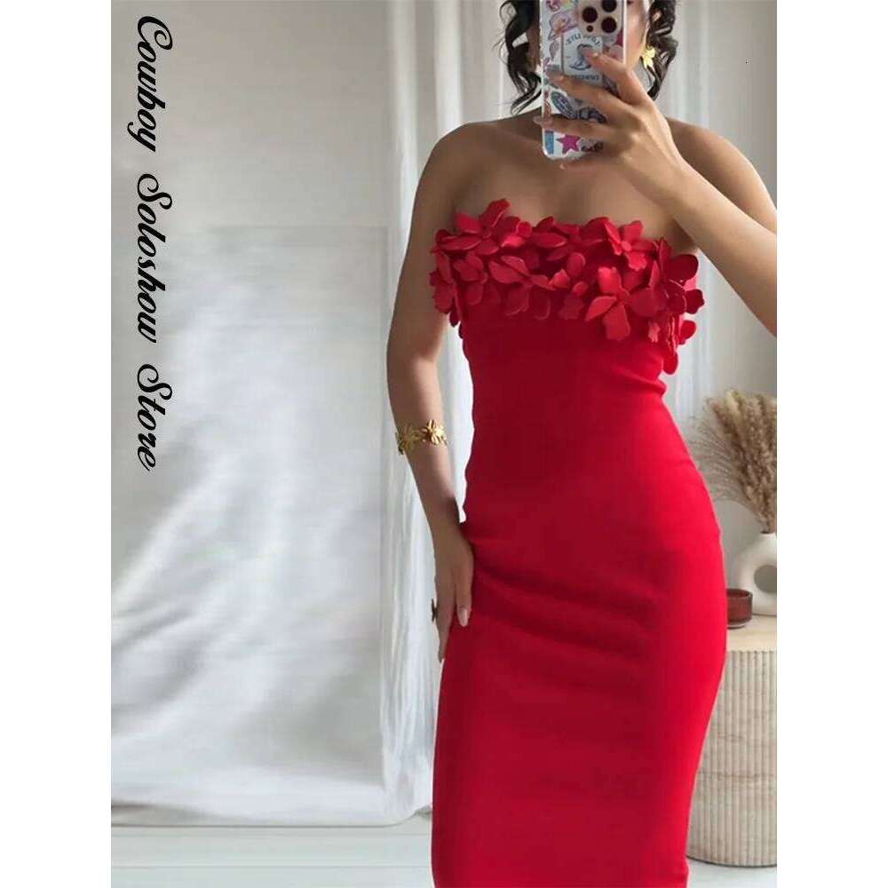 Sexy 3d Flower Mini Dress Women Chic Sling Slim Red Deep V-neck Backless Sleeveless Dresses 2025 Summer Party Evening Lady Robe
