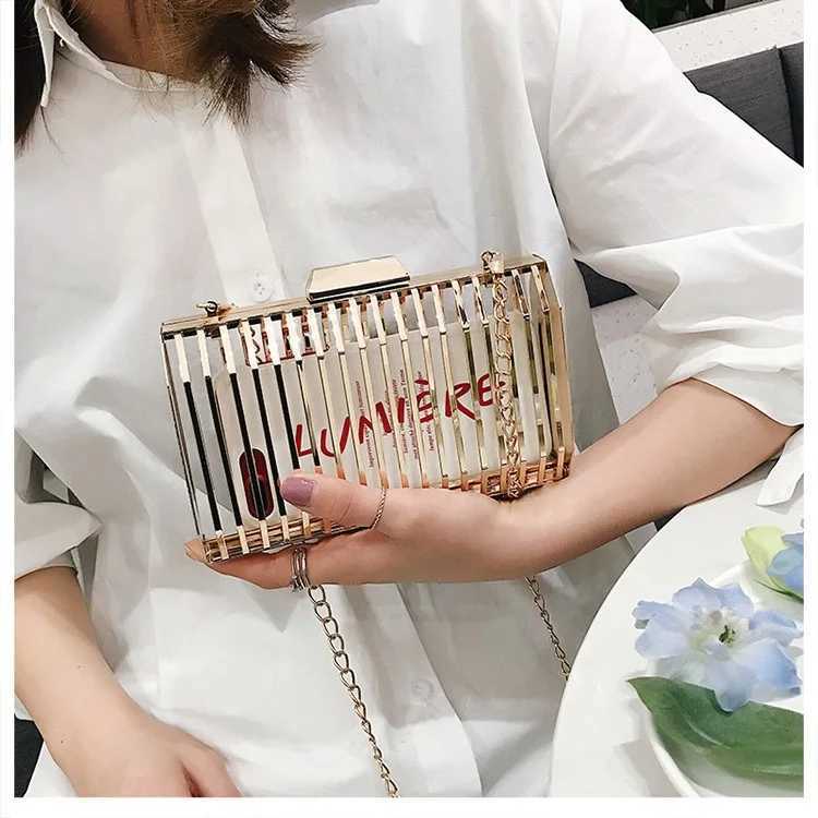 Gold Women Chain Crossbody Bags Iron Cage Metal Hollow Out Evening Clutch Purse Women Party Wedding Handbags Prom Luxury Bolso W250527