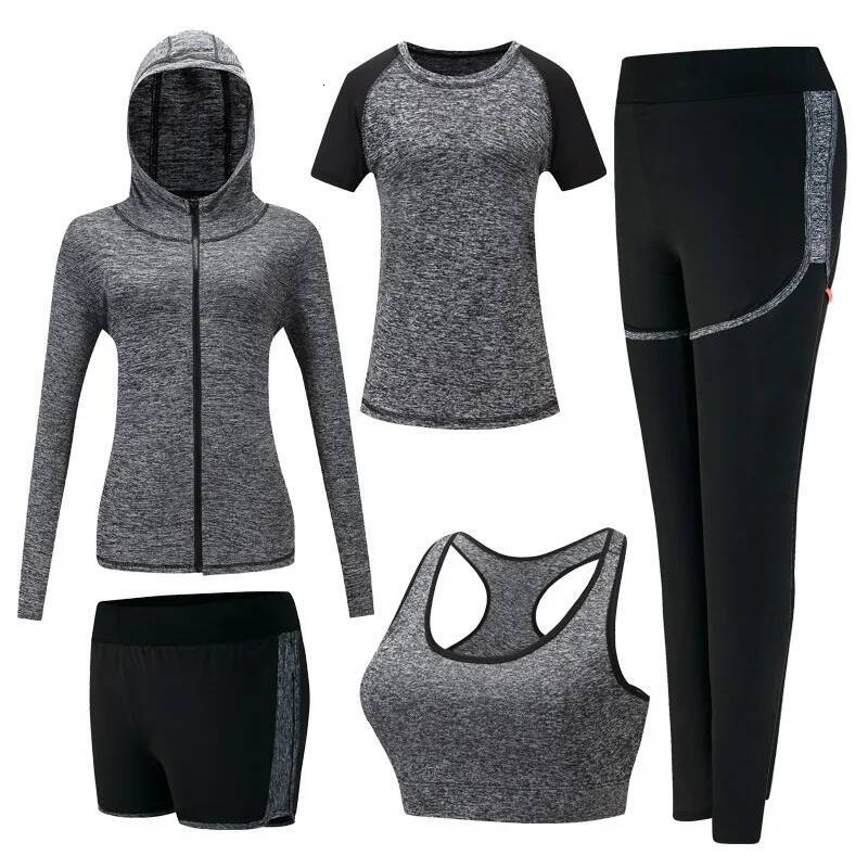 Quick dry yoga clothing hooded coats+t shirt+bra+shorts+pants sets women autumn outdoor running sportswear gym Suits