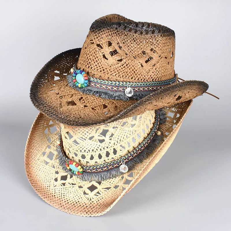 Western Bohemia Cowboy Hat Women Men Summer 2025 Vintage Beach Straw Cap Sun Hats Panama Cowgirl Jazz Cap Sombrero Hombre 250526