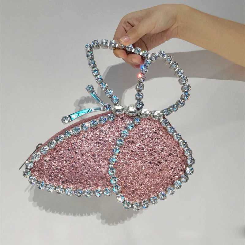 IN STOCK Bling Sequins Pink Butterfly Evening Clutch Sparkling Women Evening Crystal Purse Lady Girls Wedding Dinner Handbag W250527