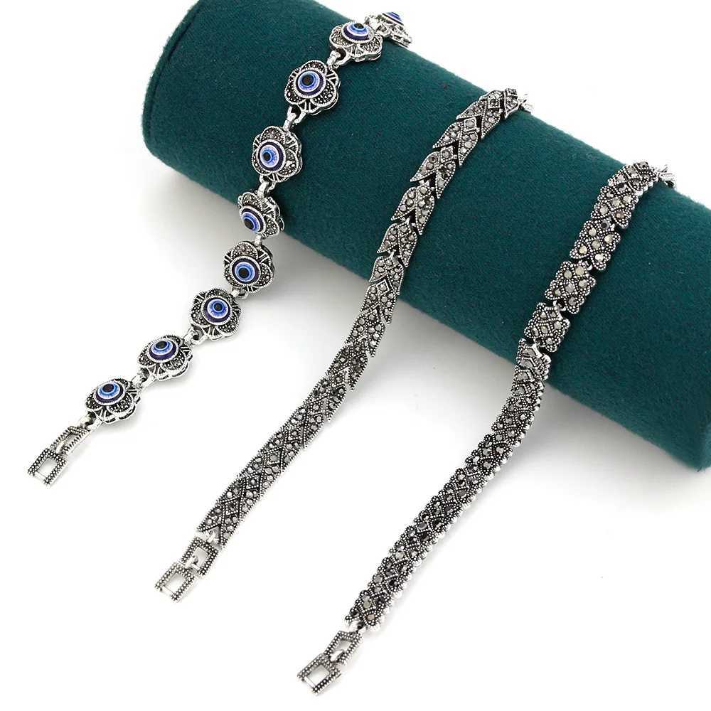 Ladies Favorite Gift Vintage Turkish Bracelet Silver Color Crystal Bohemia Link Bracelet Charm Evil Eye Jewelry W250526